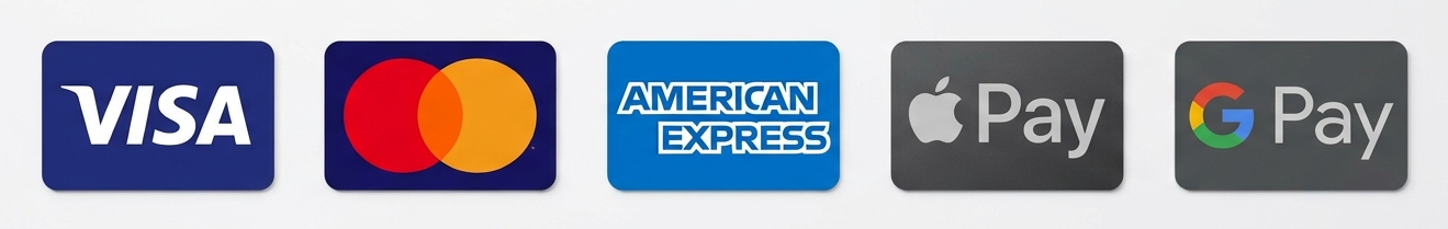 Accepted payment methods: Visa, Mastercard, American Express, Apple Pay and Google Pay