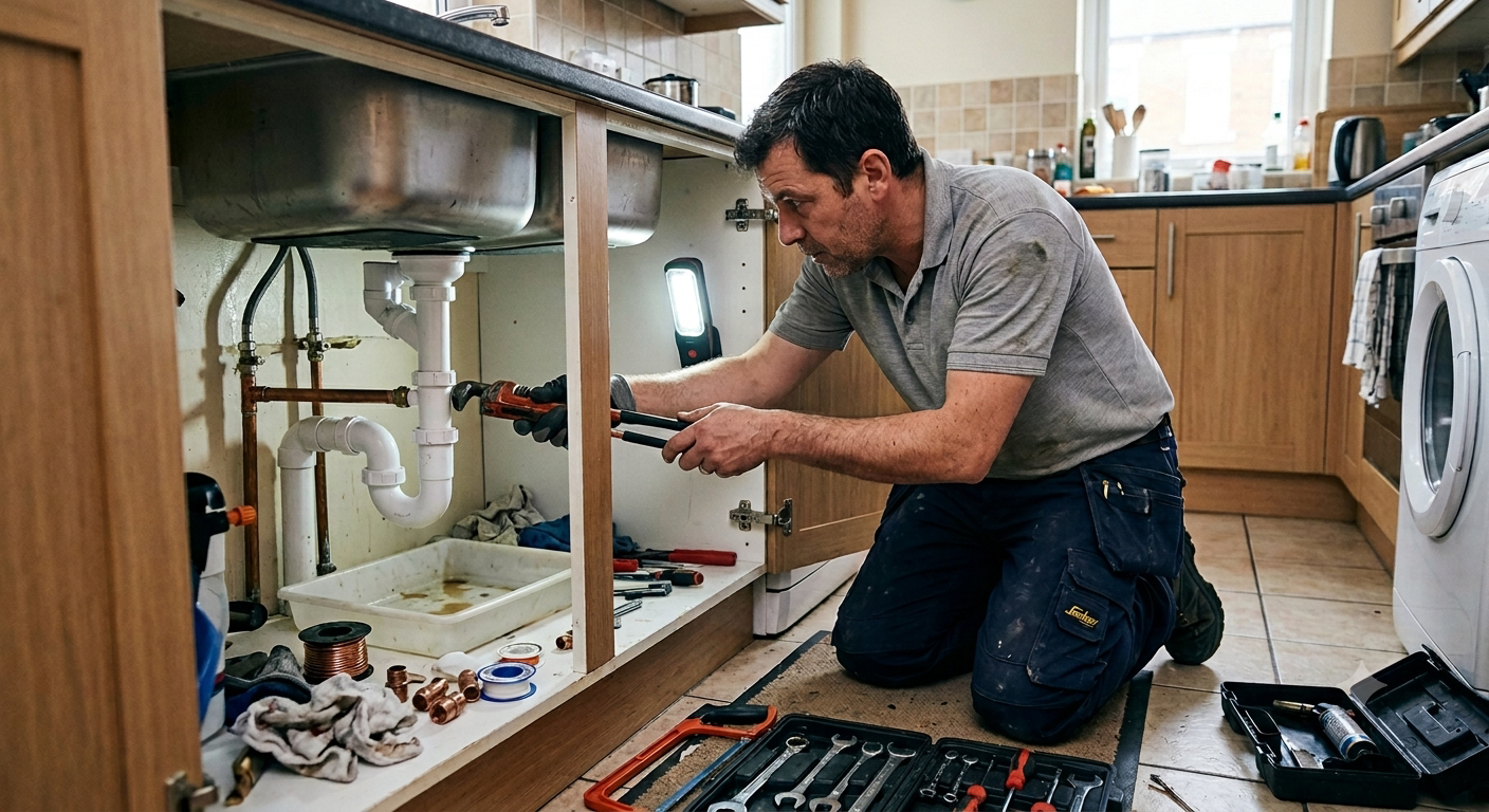 Plumber repairing kitchen pipework
